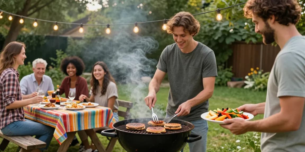 Suasana barbecue di taman dengan teman-teman menikmati makanan sambil bermain, menciptakan momen kebersamaan yang menyenangkan.