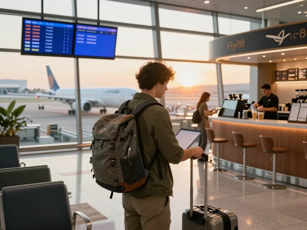 Traveler at airport lounge checking in for Fly88 flight during sunrise, exciting travel atmosphere.