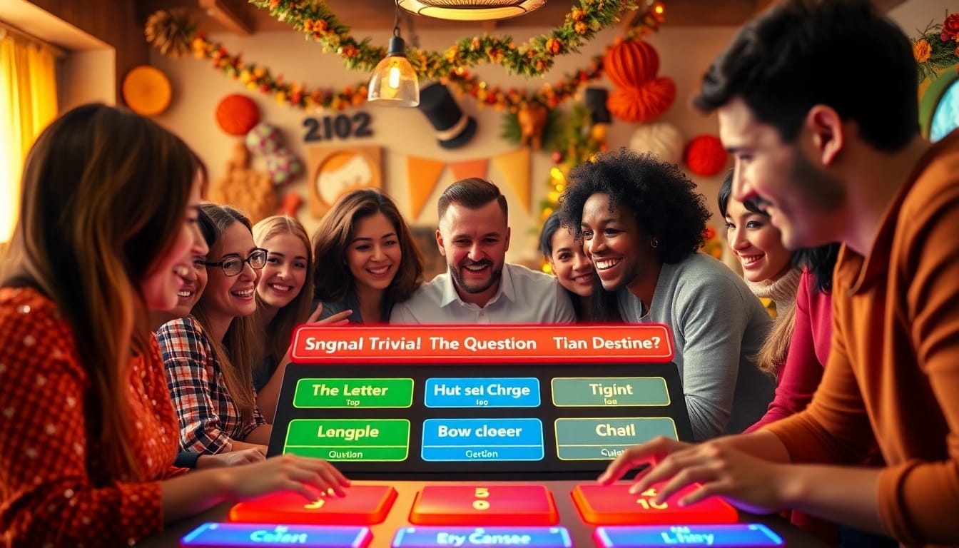 Players engaged in a trivia question game with vibrant visuals and lively expressions.