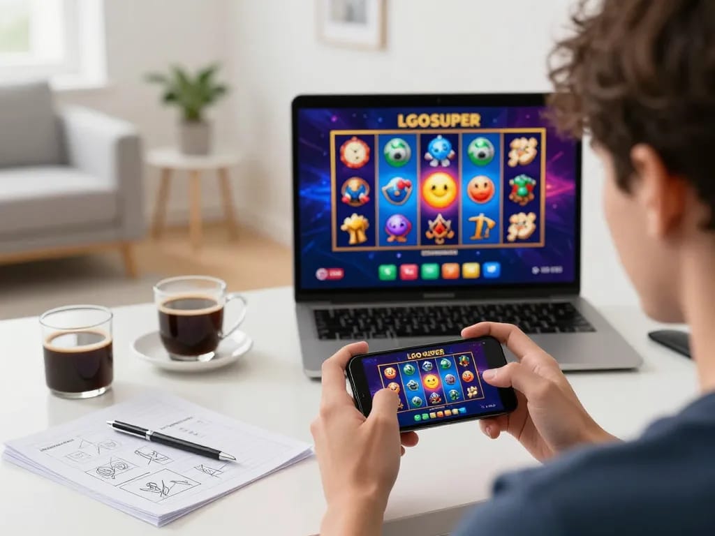Engaging gameplay on LGOSUPER slot game through smartphone in cozy home setting.