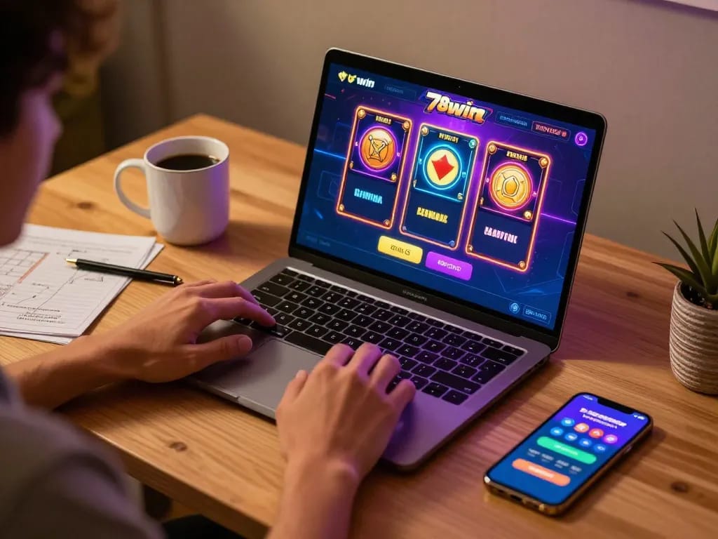 Playing slots online with 78win on a laptop, showcasing an engaging gaming session.