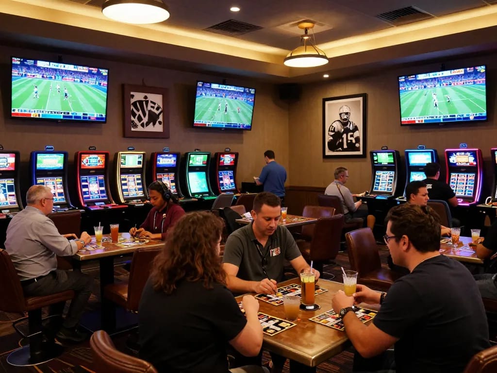 Fans engaging in keonhacai sports betting at a vibrant casino lounge