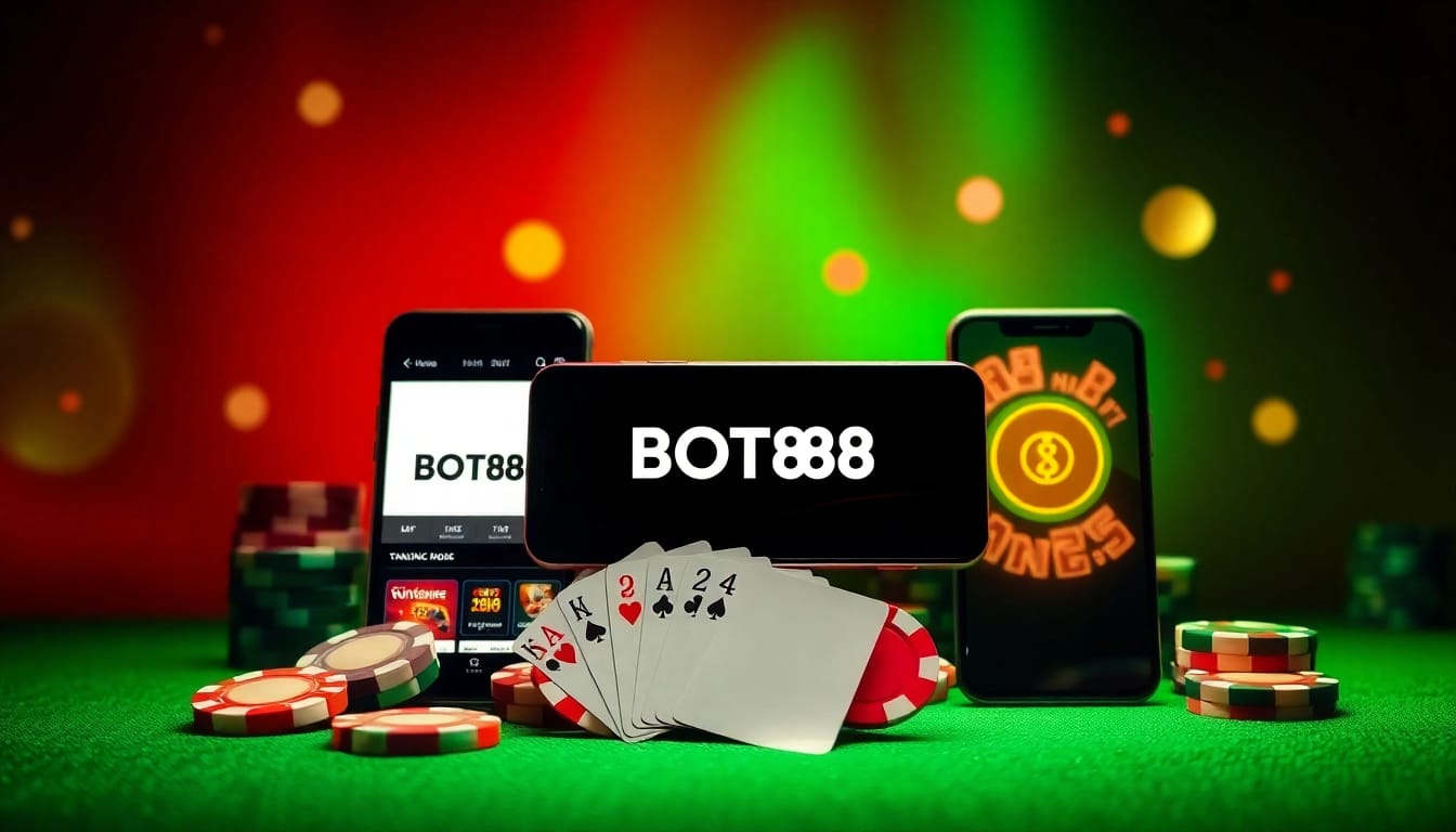 Nhã Cái BOT88 brand graphic featuring engaging online gambling elements like casino chips and mobile devices