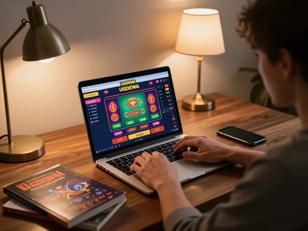 Engaging online gambling scene showcasing a person using the UGDEWA platform with strategic notes and a warm atmosphere.