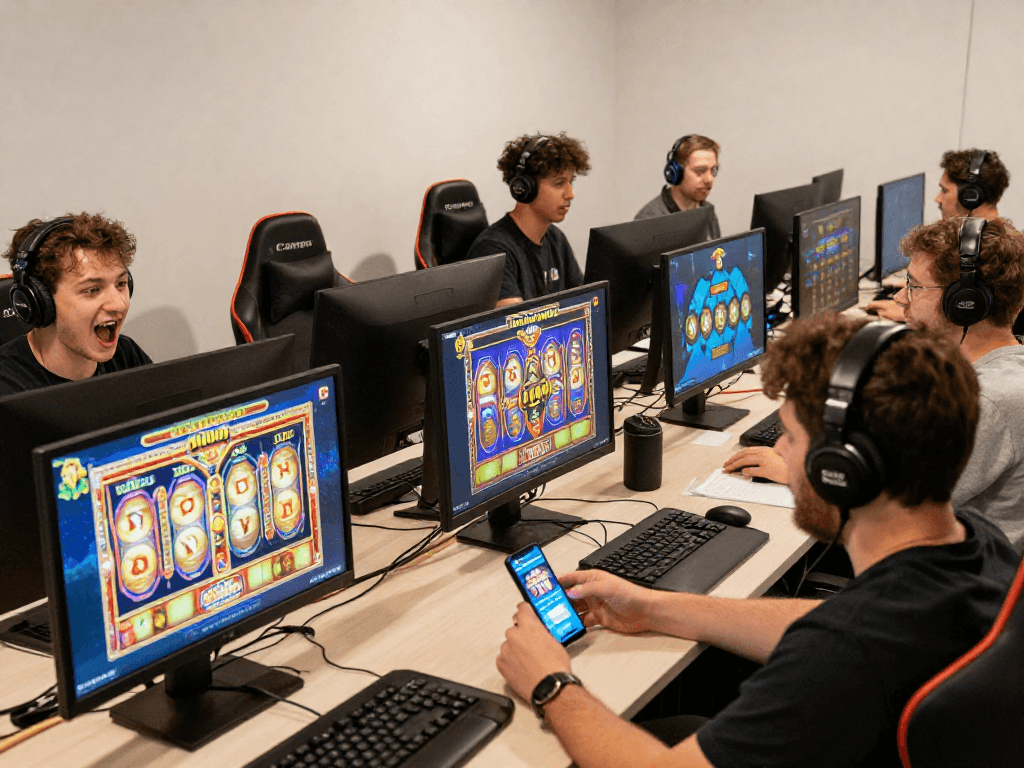 Players enjoying slot resmi games on desktops and mobile devices in a vibrant gaming environment