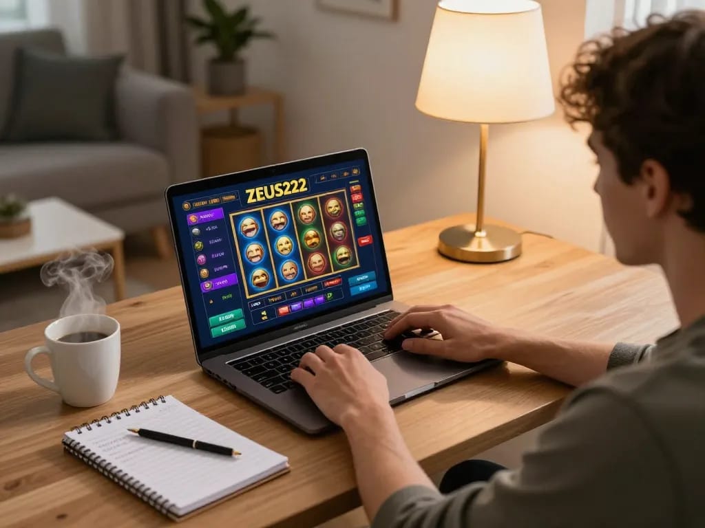 ZEUS222 gameplay on laptop with bright slots interface showing betting options.