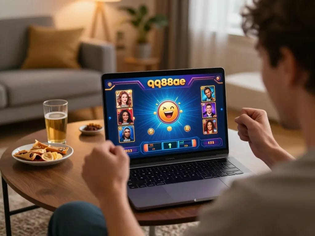 A player wins at qq88ae online casino, celebrating with excitement in a cozy home setting.