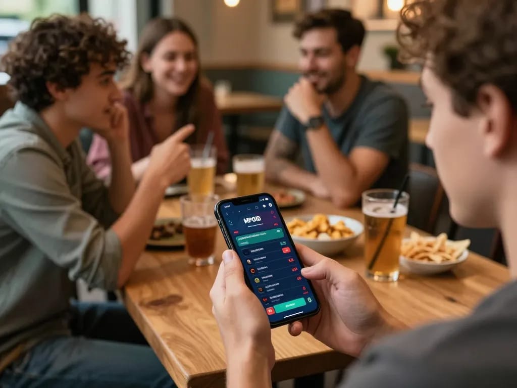 MPOID betting app interface displayed on smartphone at a cozy cafe, showcasing social gaming elements.