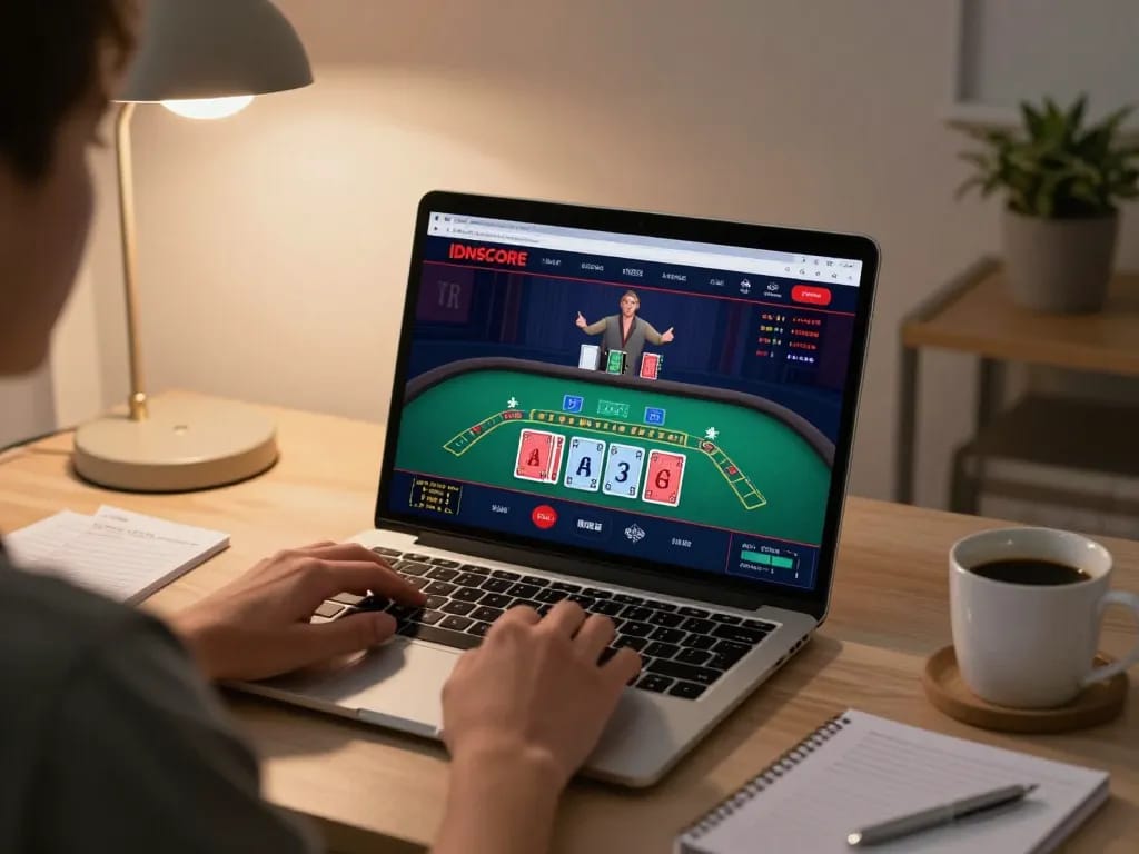 Person engaging with IDNSCORE in an online blackjack game from home, showcasing strategy and focus.