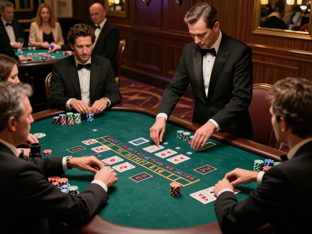 Engaged players strategizing at 98win high-stakes blackjack table in elegant casino setting