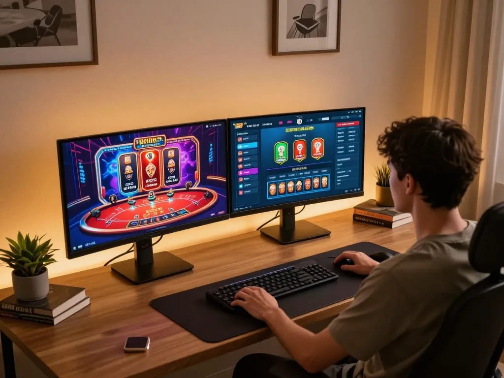Engaging gameplay experience on trang chủ 33win with vibrant online casino graphics in a cozy home office.
