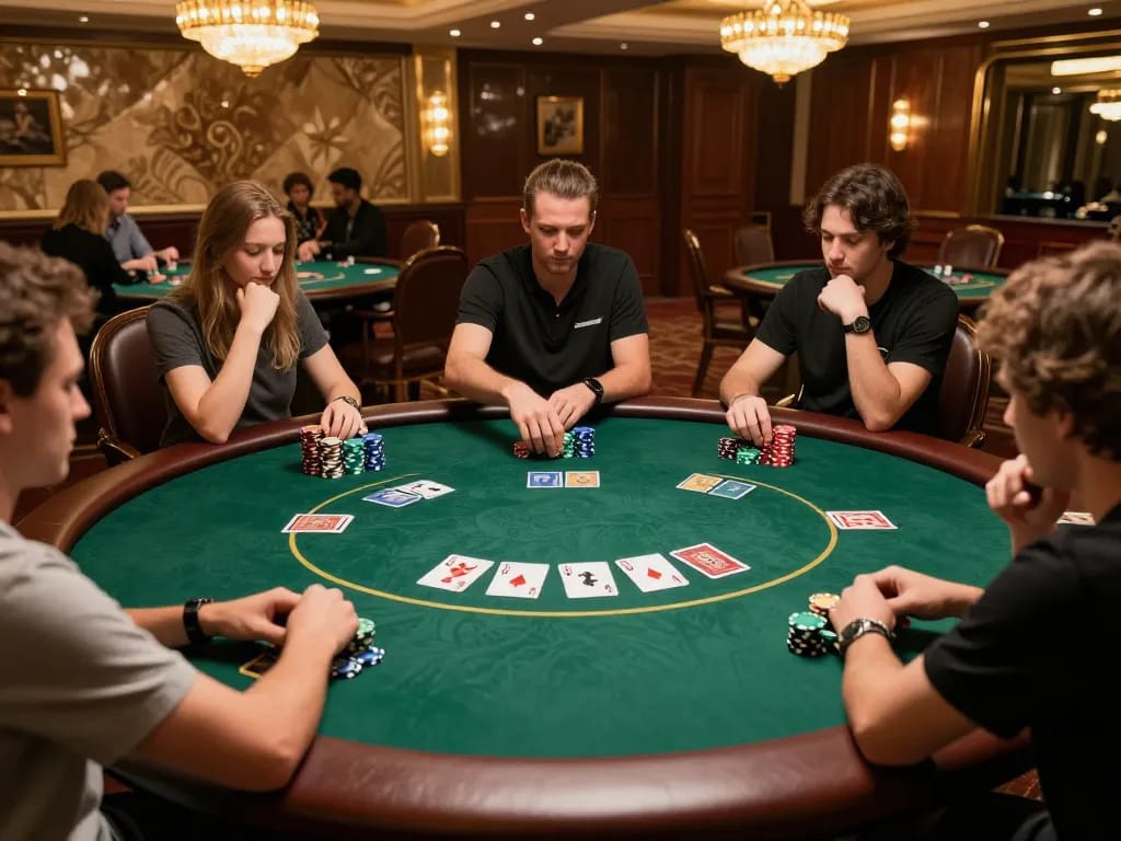 Active poker game scene showcasing strategy and tension, emphasizing sure win tactics in luxurious casino setting.