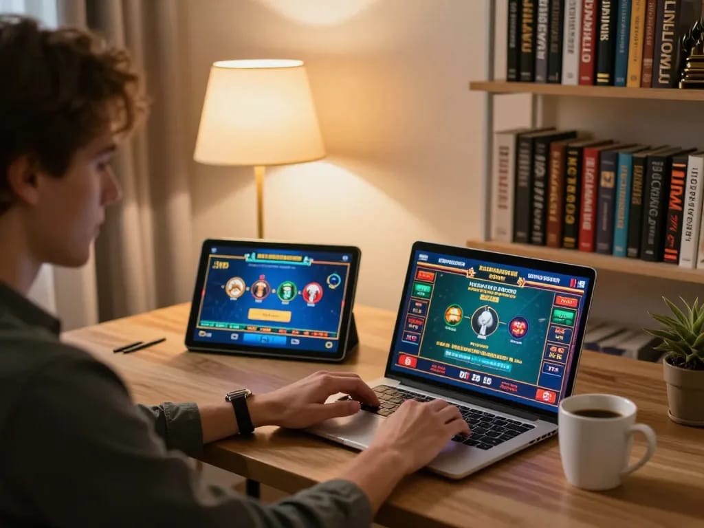 Online casino gaming on a laptop with a player enjoying alo8's live dealer games.