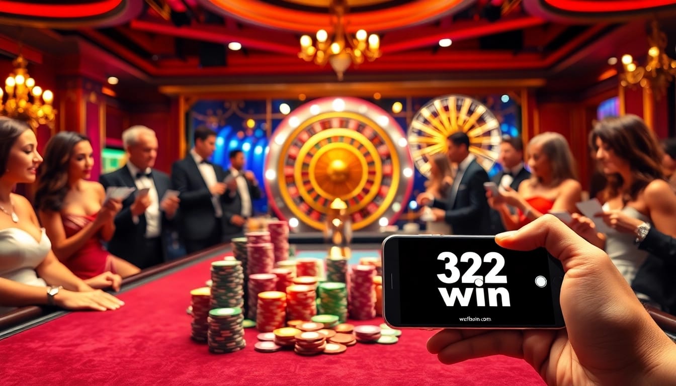 Experience the thrill of a casino featuring '32 win' with vibrant poker tables and spinning roulette wheels.