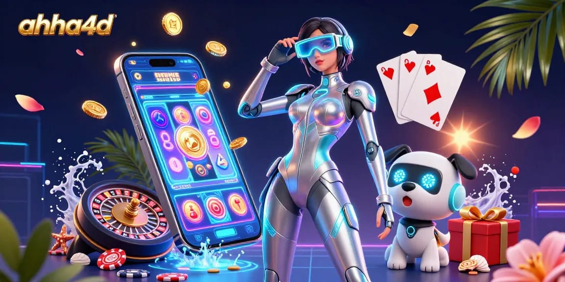 Engage with ahha4d's vibrant casino experience featuring a futuristic woman and robot dog, surrounded by interactive gaming elements.
