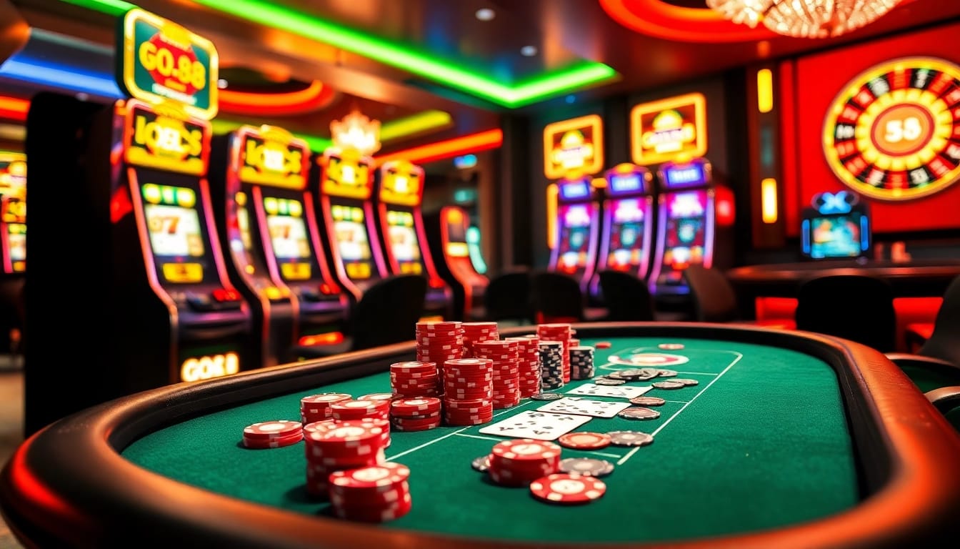 Experience the thrill of Go88 with dynamic casino visuals featuring poker tables and slot machines.