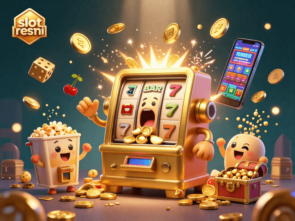 Slot resmi menampilkan mesin slot emas ceria merayakan jackpot dengan koin berjatuhan.