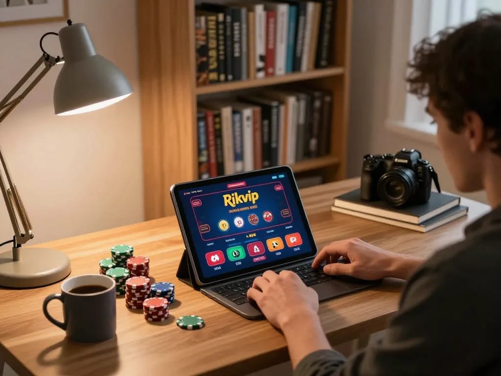 Player enjoying Rikvip online gaming experience on a tablet in a cozy home office.