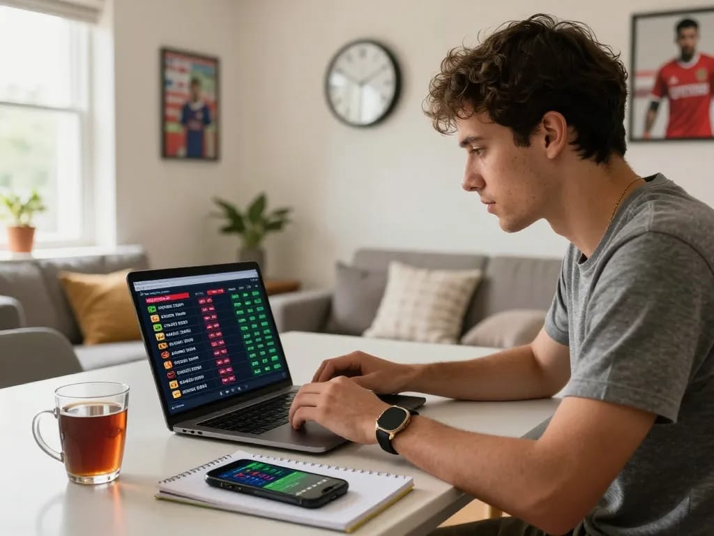 Kèo nhà cái hôm nay analysis in a sports betting environment with laptop and real-time updates.
