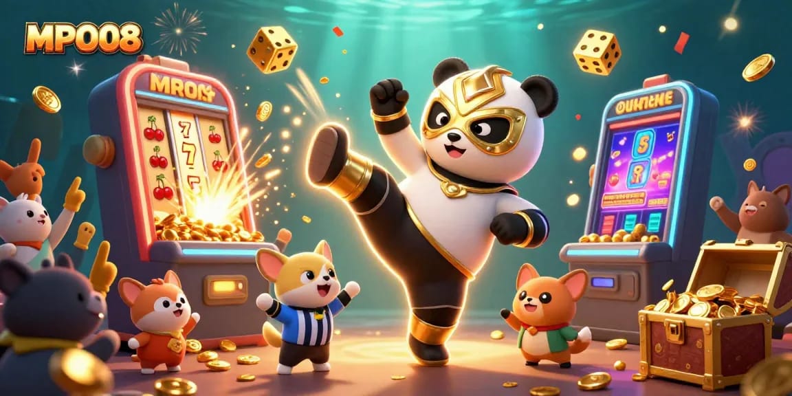 MPO08 showcases an action-packed scene with a panda wrestler, a chihuahua referee, and vibrant gambling elements.