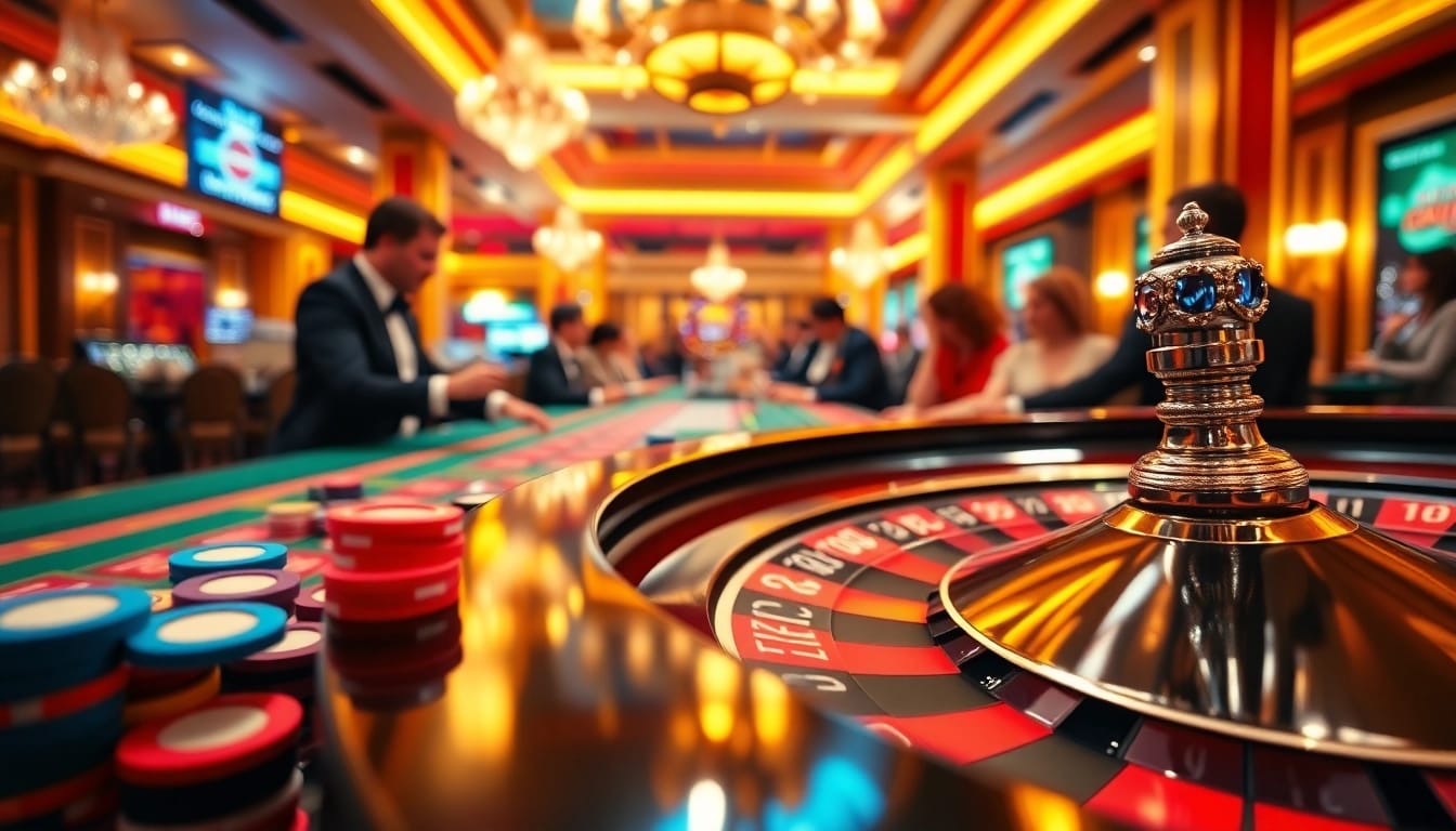 tkp188 Menampilkan pemain yang bersemangat di meja roulette kasino dengan taruhan penuh warna.