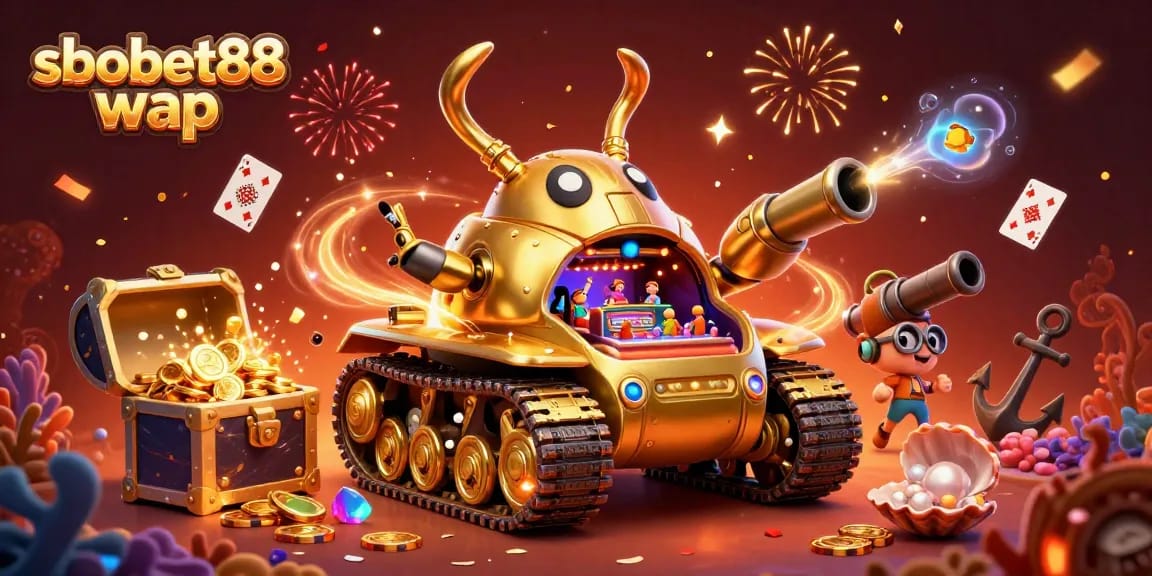 Engage in sbobet88 wap with a vibrant 3D casino scene featuring a golden beetle tank and festive elements.
