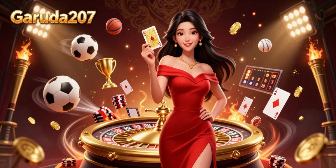 Garuda207 showcases an engaging casino scene with a young woman, golden roulette, and dynamic sports elements.