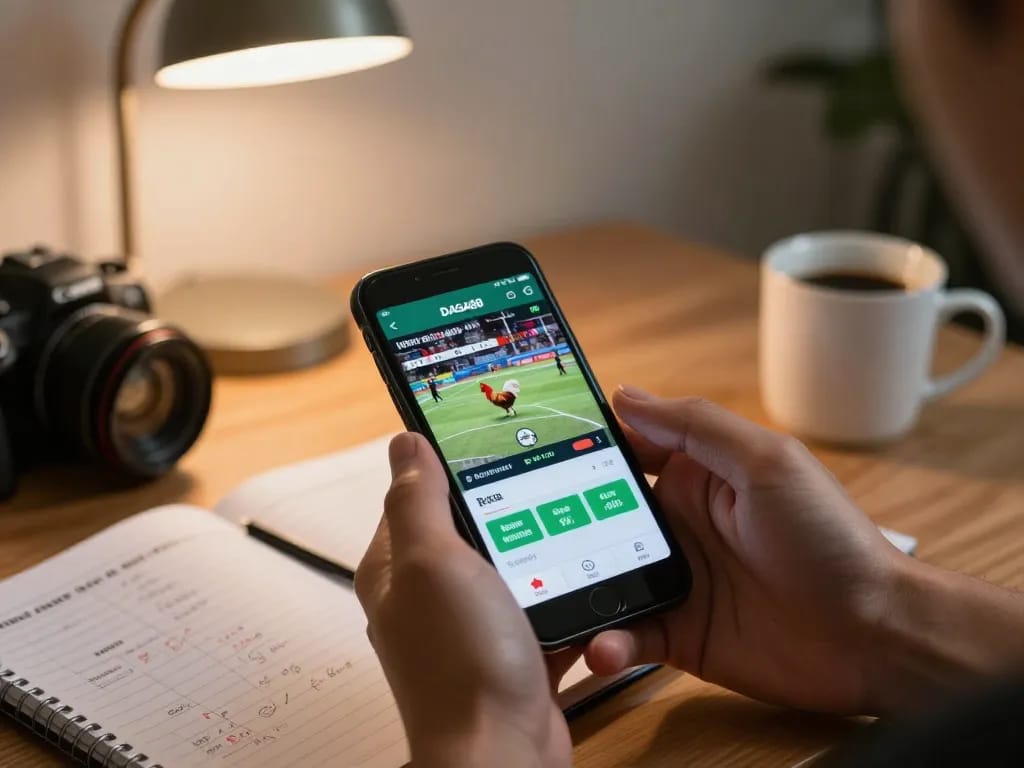 The live betting experience at https://daga88.free/ with a smartphone displaying rooster fight odds, creating a modern gambling atmosphere.