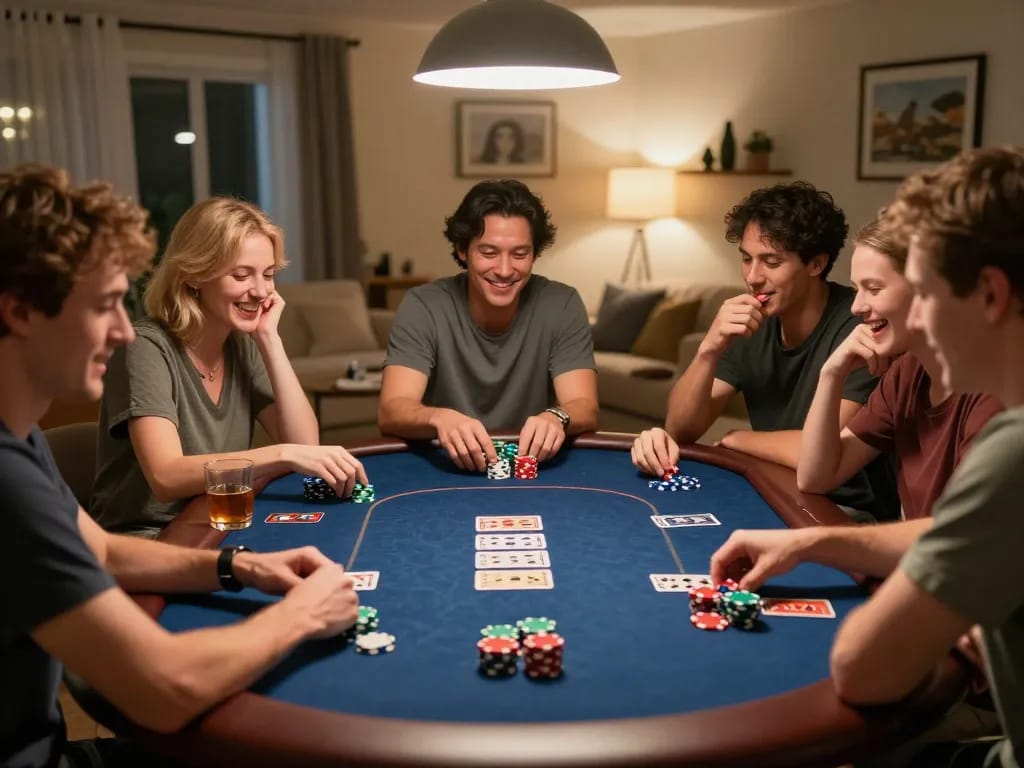 Players enjoying a lively poker game at home with ligalgo themed poker chips in play.