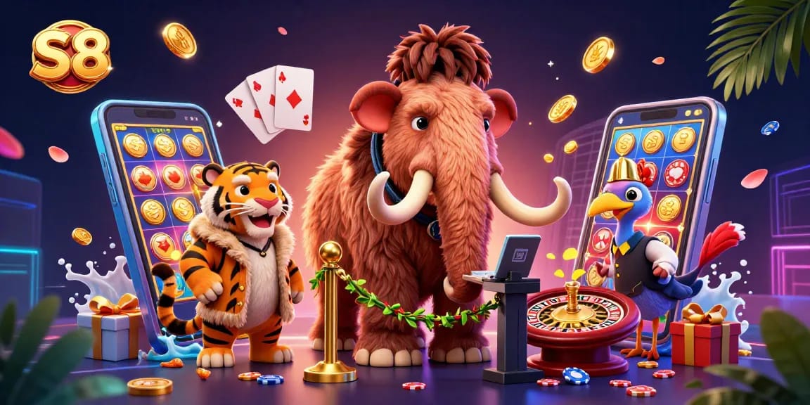 S8 brings vibrant casino experiences with a woolly mammoth bouncer, VIP saber-tooth tiger, and dodo doorman in a lively scene.