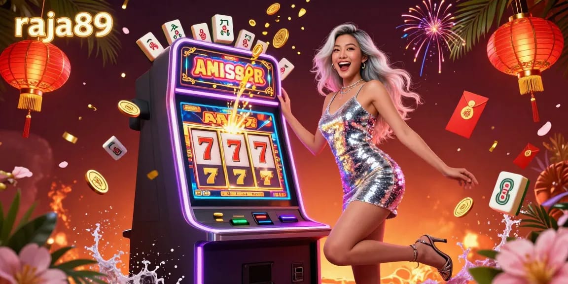 Experience winning with raja89 as vibrant slot machines and festive elements create an exciting casino atmosphere.