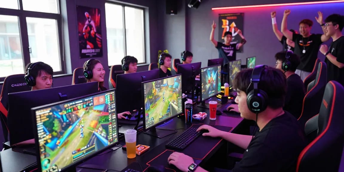 Gamers participating in a tournament with link slots on their screens and lively competition atmosphere.