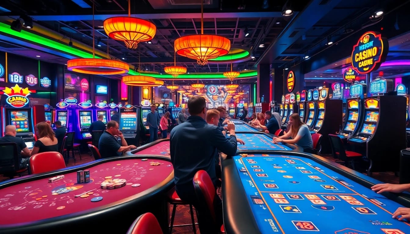 Menampilkan dentoto dalam suasana kasino yang ramai dengan pemain bersemangat dan cahaya neon.