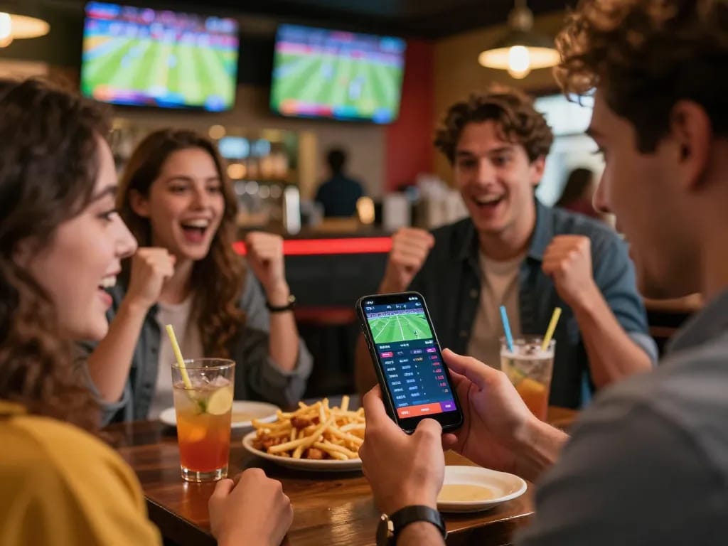 Excited sports bettor placing bets on Net88 app at a lively bar during a game.