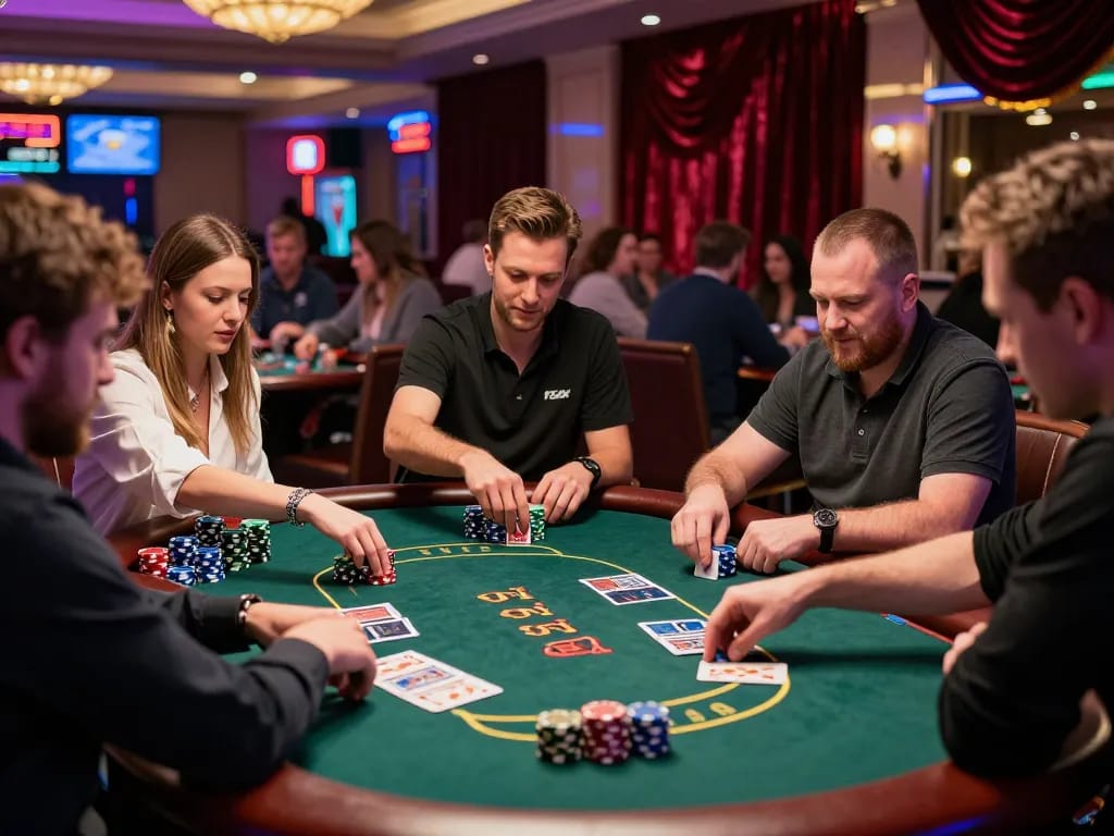 Players strategizing in a thrilling poker game at Rajabet123 casino, chips and cards in action