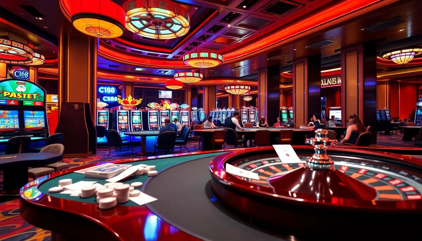 C168 players engaging in exciting games at a high-end casino, featuring vibrant slot machines and poker tables.