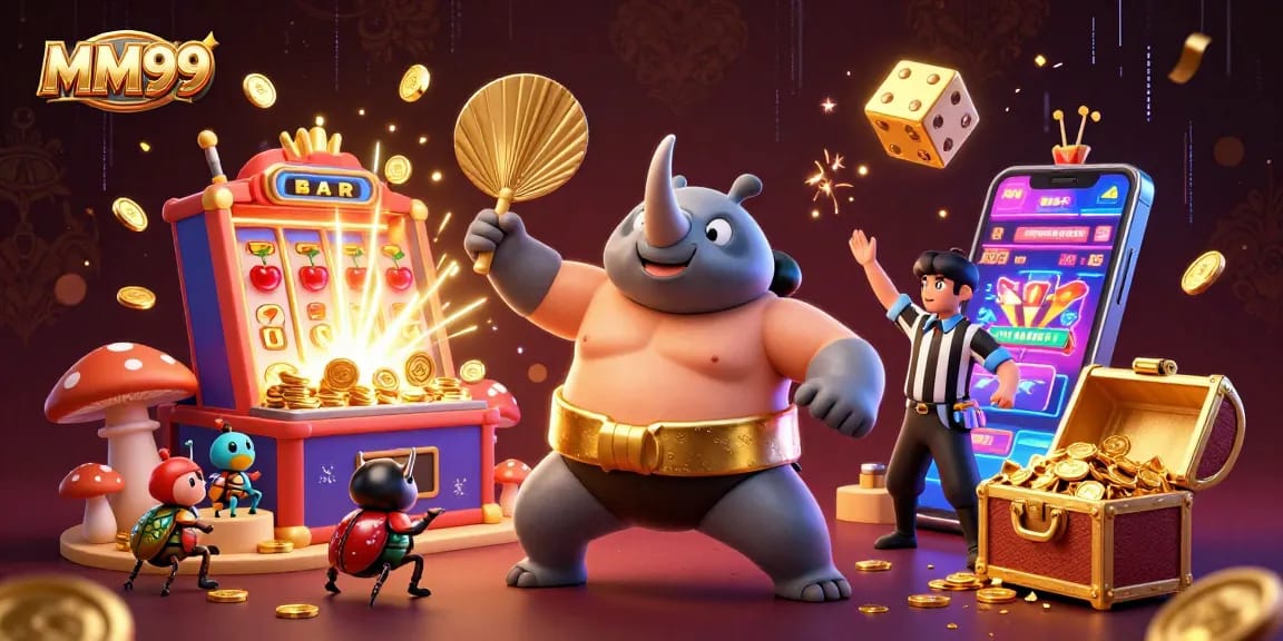 Experience thrilling moments at MM99 with a dynamic casino illustration featuring a beetle champion.