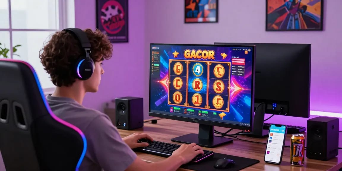 Engaged player enjoying slot gacor online gaming in a vibrant setup.
