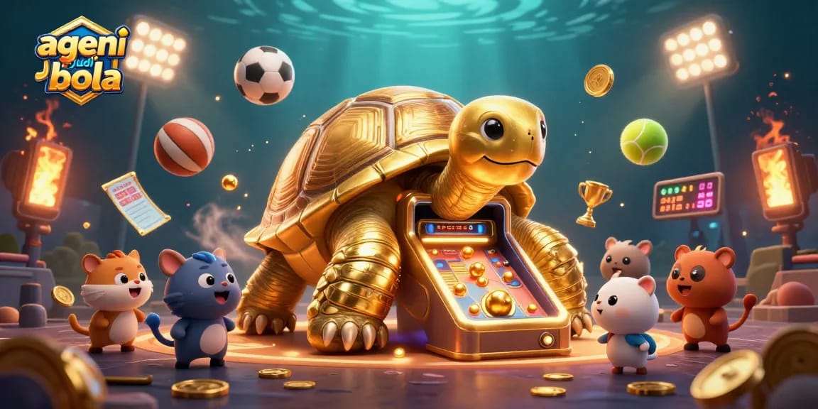 Experience thrilling sports betting with agen judi bola, a vibrant scene featuring a golden tortoise and sports elements.