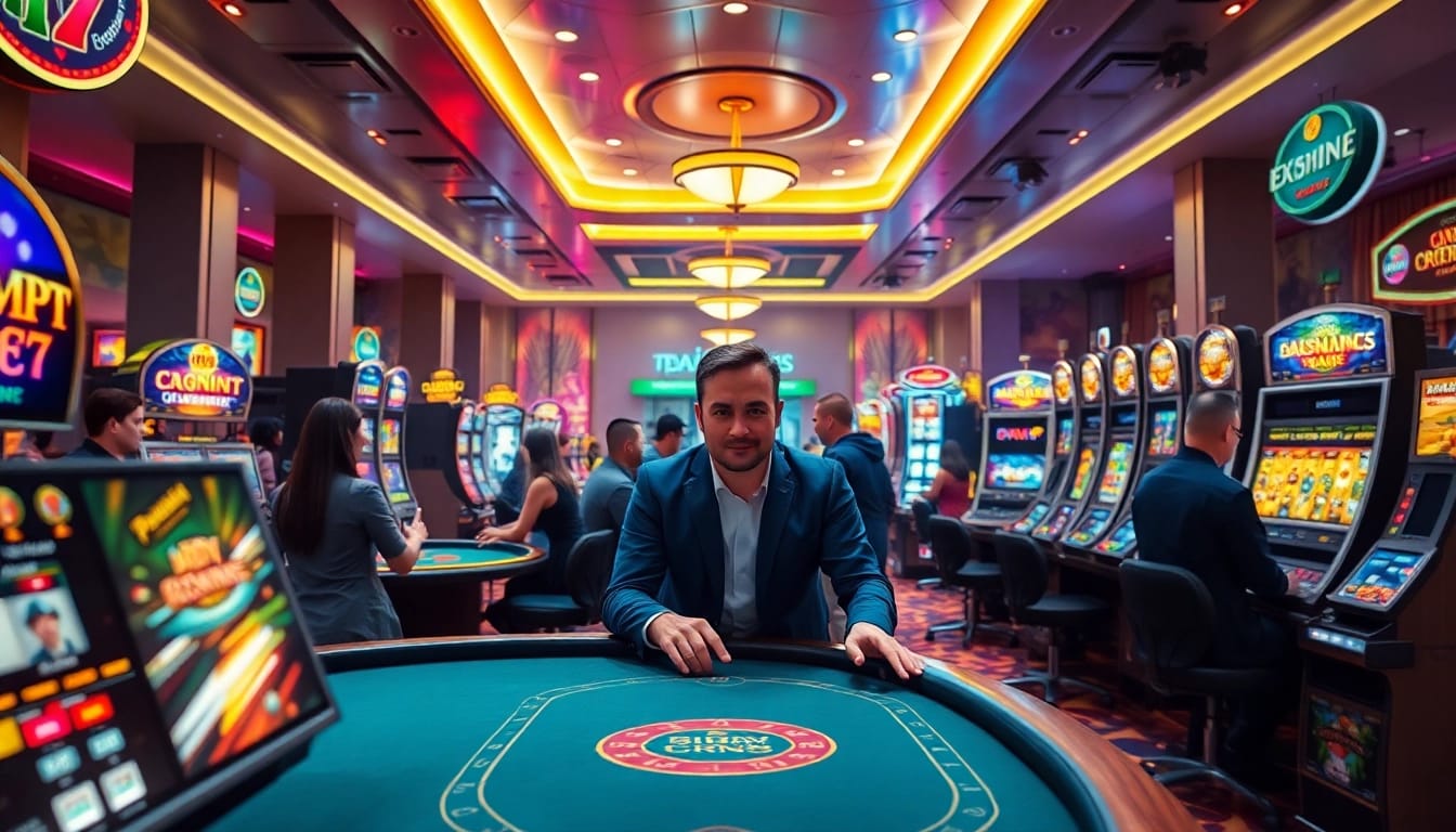 Engaging scene at Twin68 showcasing vibrant online gaming, poker tables, and enthusiastic players.