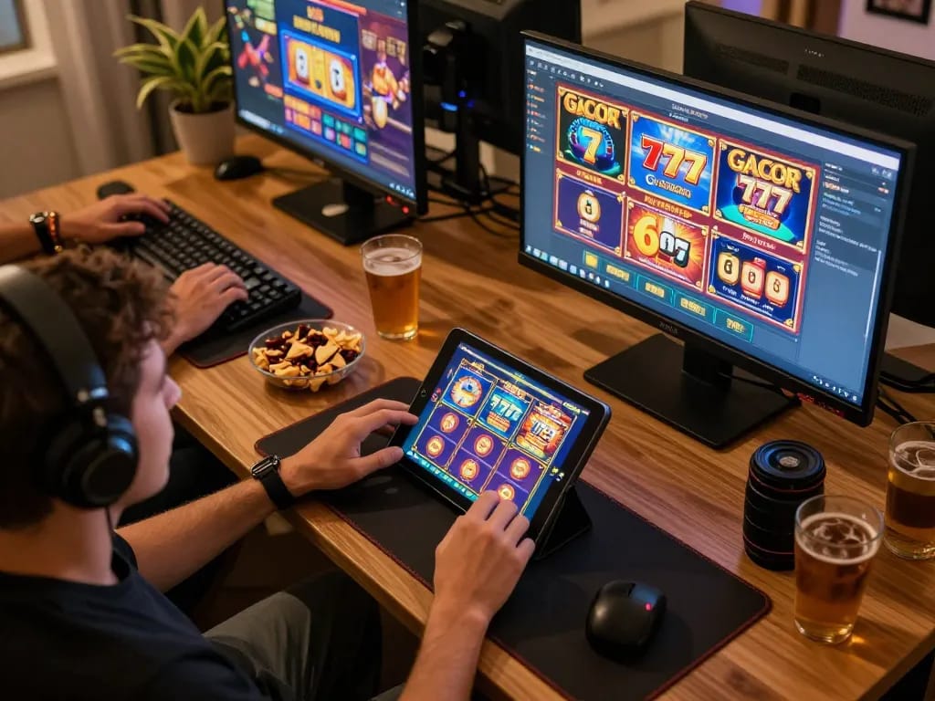 SLOT GACOR 777 gameplay on multiple screens, showcasing intense online casino action in a cozy home setup.