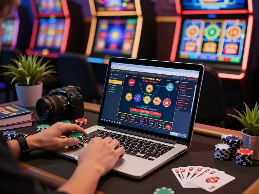 Engaged with link 23win in an online gambling session featuring colorful slot machines and strategic betting.