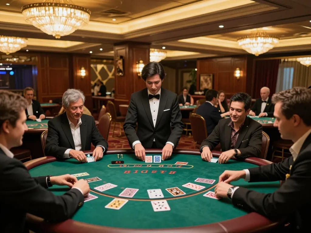 Engaged players winning at sc88 blackjack tables in upscale casino environment