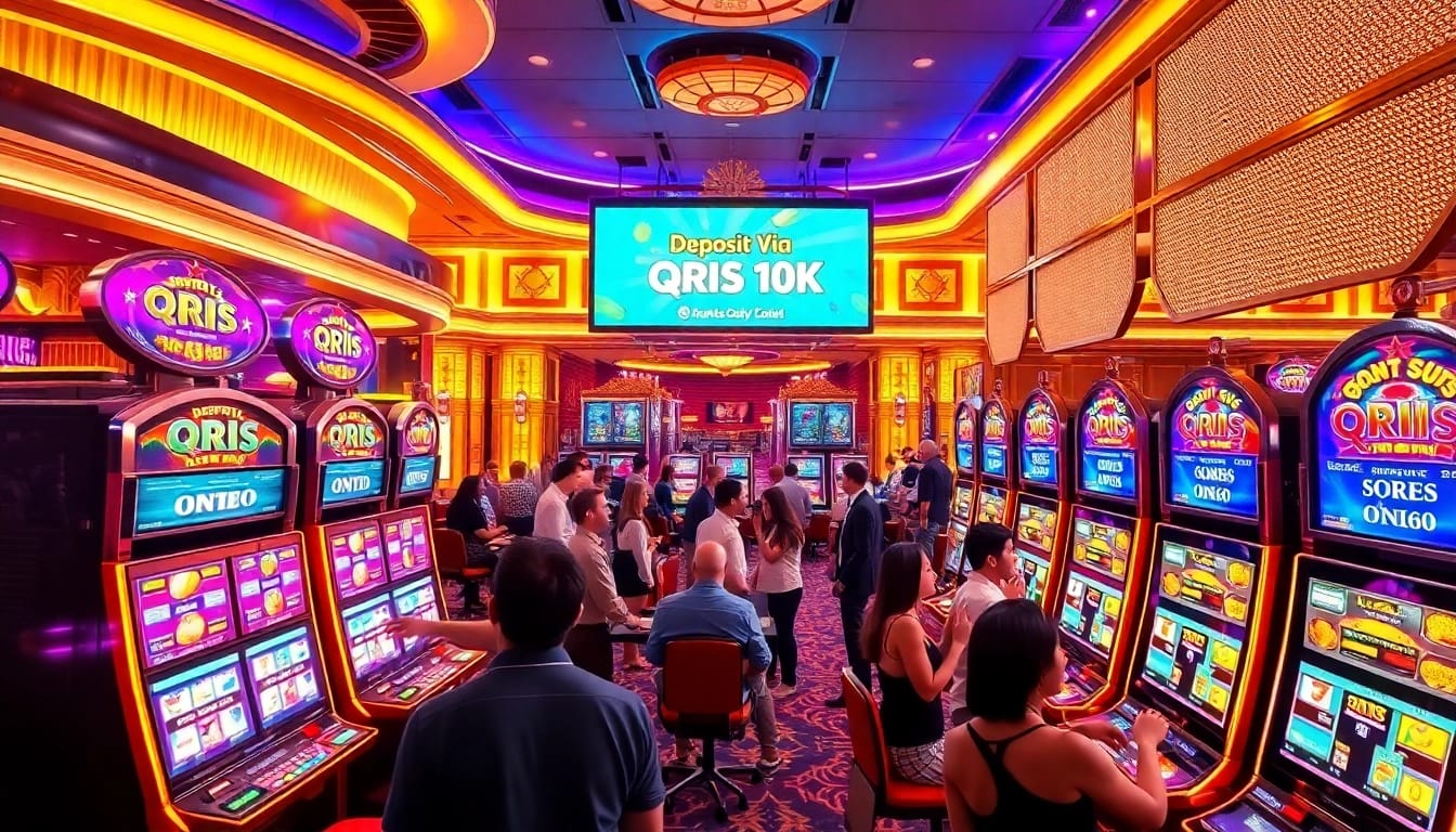 Engaged players enjoying slot qris 10k with vibrant machines in a luxurious casino setting.