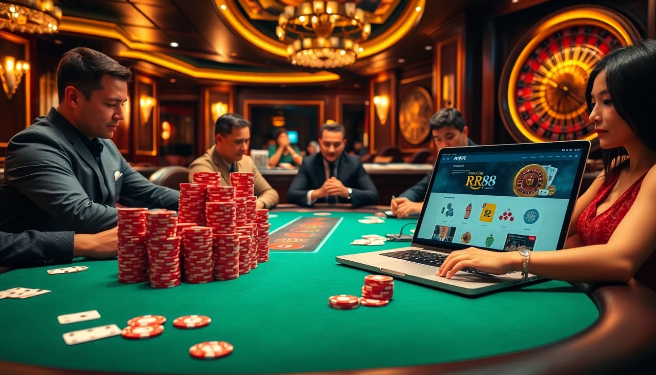 Players enjoying a game at a casino table while accessing rr88 đăng nhập online.