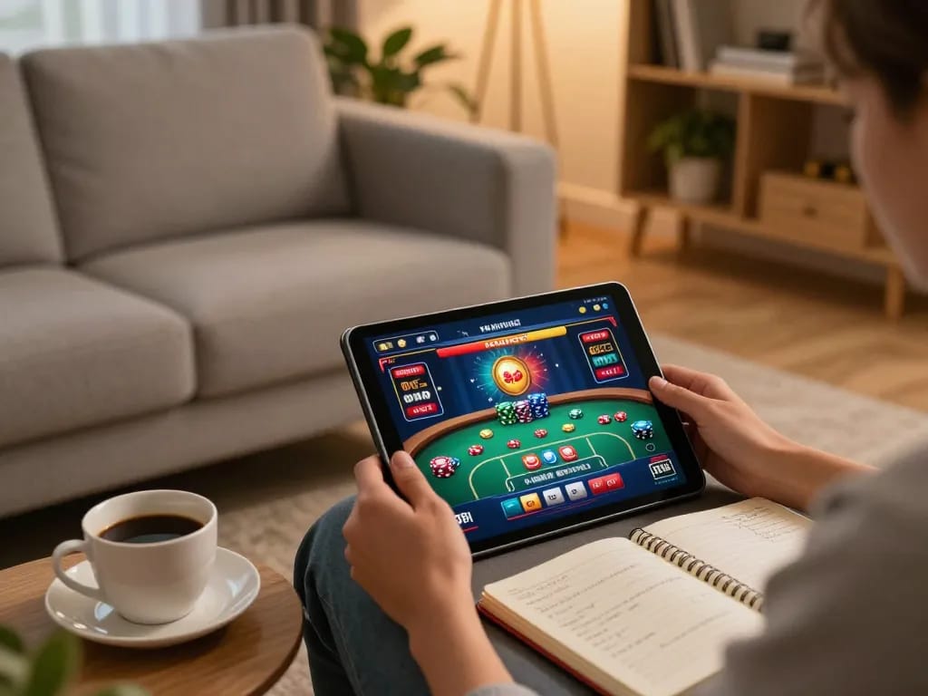 Engaging user enjoying llwin online gambling on a tablet at home with strategic gaming setup.