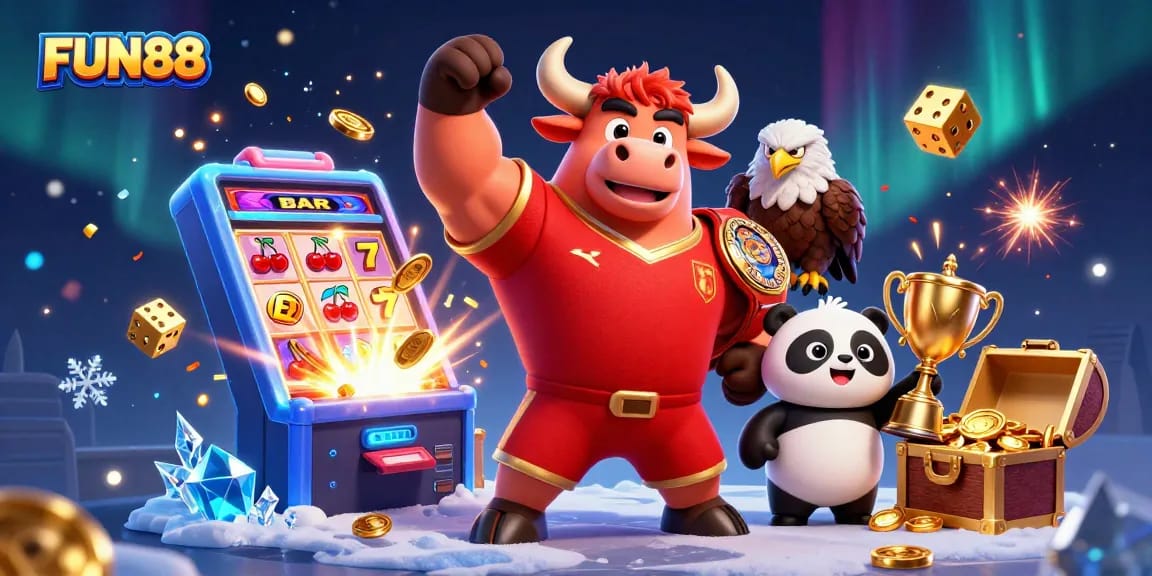Experience FUN88's vibrant casino atmosphere with a bull mascot, eagle champion, and joyful panda amidst a jackpot scene.