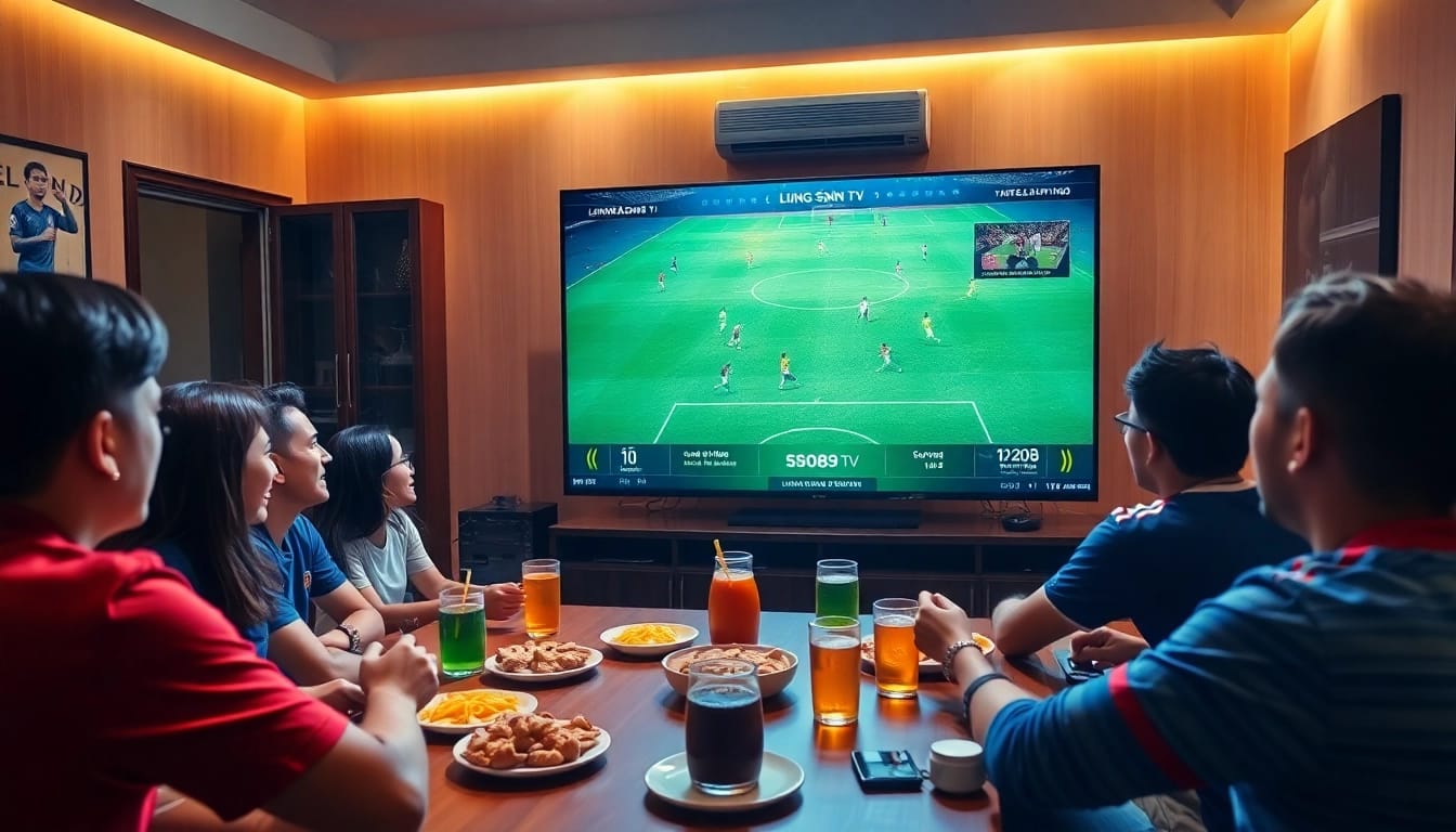Exciting scene of friends watching Lương Sơn TV football streaming with dynamic atmosphere.