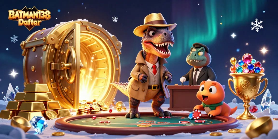 BATMAN138 Daftar showcases a velociraptor card counter in a lively casino scene.