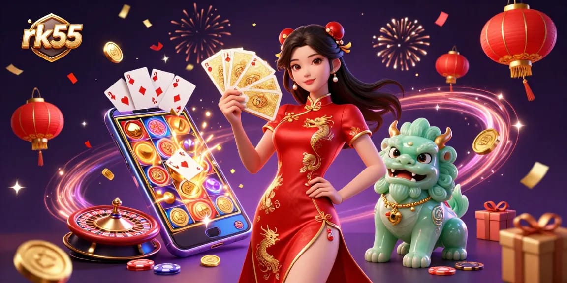Spin the reels on rk55 as the woman in crimson qipao reveals golden playing cards amidst dynamic casino elements.